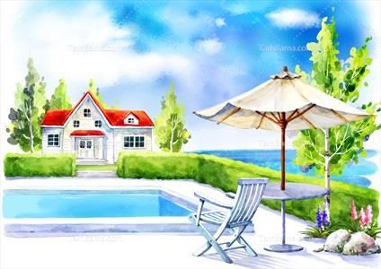 تصویر با کیفیت نقاشی خانه و استخر در تابستان